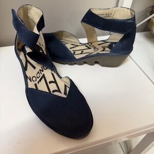 Fly London Navy Blue Suede Leather Cross Strap Shoes Wedge Size 36 5.5 Portugal